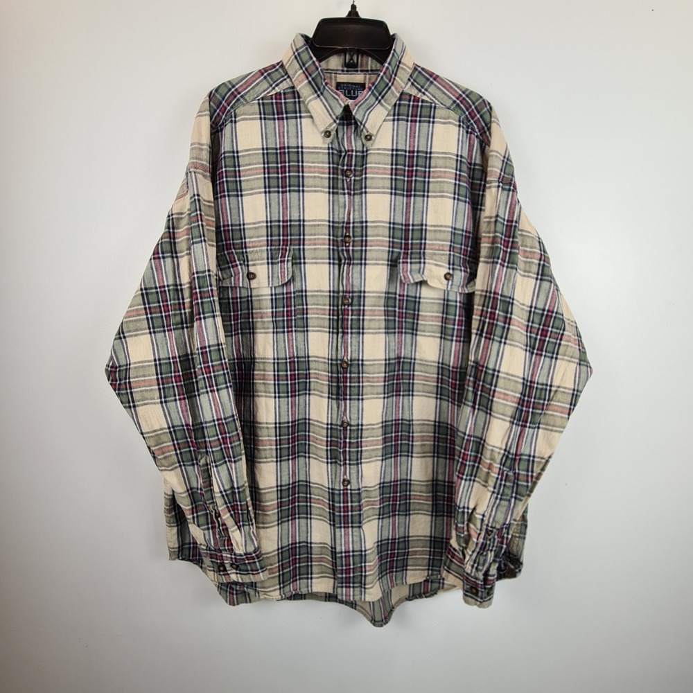 Structure Blue Workwear Mens XL Plaid Button Down Shirt Green Navy Long Sleeve